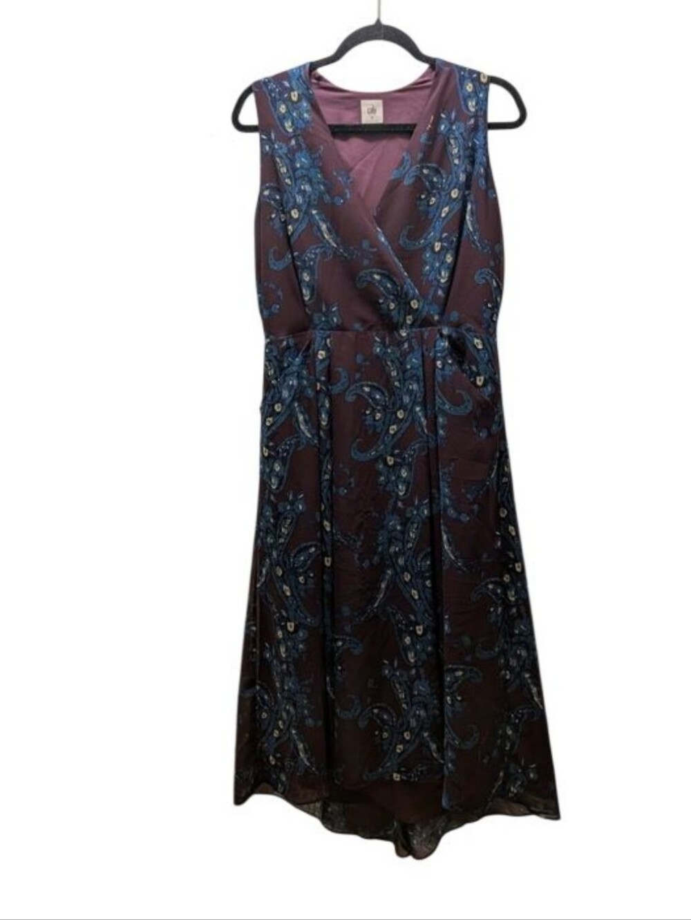 CAbi Purple Sleeveless Midi Dress with Blue Paisley Size 12